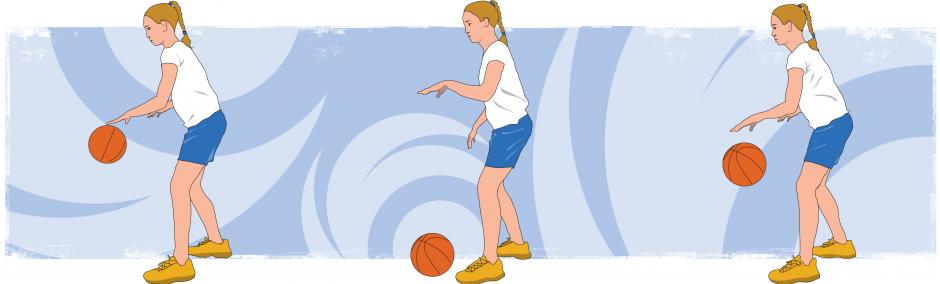 From left to right: A student bent slightly forward in a staggered stance with their arm out in front of them, hitting a basketball downwards. The same student with their arm still out in front of them, this time with the basketball against the ground. The same student bent slightly forward in a staggered stance with their arm out in front of them, the basketball about to touch the palm of their hand.