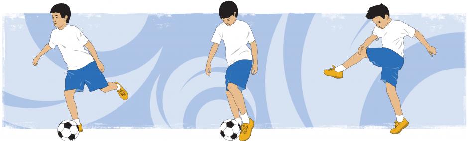 From left to right: student with right arm extended out to the side, a soccer ball beside their right foot and their left leg flexed at the knee. The same student, this time with their arm down by their side and their left foot is in contact with the soccer ball. The same student, this time with their torso twisted towards their left leg which is kicked out to the right. The soccer ball has been kicked away.