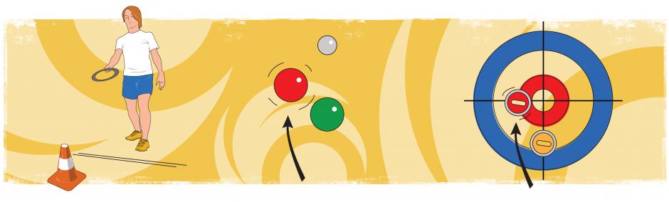 De gauche à droite : Un élève lance un cerceau vers un cône. Une balle blanche, une balle rouge, une balle verte et une flèche qui pointe vers le haut indiquant que la balle rouge a été lancée vers les autres balles. Des anneaux de curling avec une pierre jaune près de l’anneau extérieur, une pierre rouge près du centre et une flèche pointant vers le haut indiquant que la pierre rouge a été glissée à cet endroit.