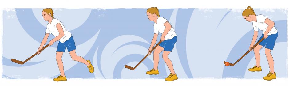 From left to right: student leaning forward holding a hockey stick with their left leg flexed at the knee. Same student still holding a hockey stick, this time standing in a staggered stance with knees slightly bent. Same student holding a hockey stick in a staggered stance, this time with a ball against the blade of the hockey stick.