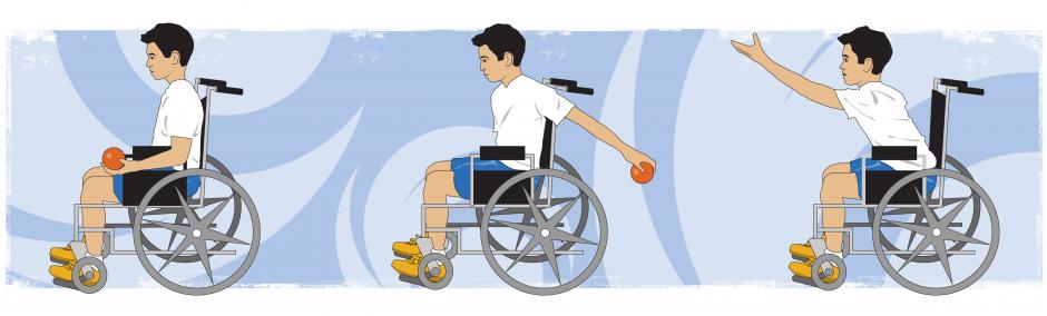 Student sitting in a wheelchair throwing a ball underhand with their left arm