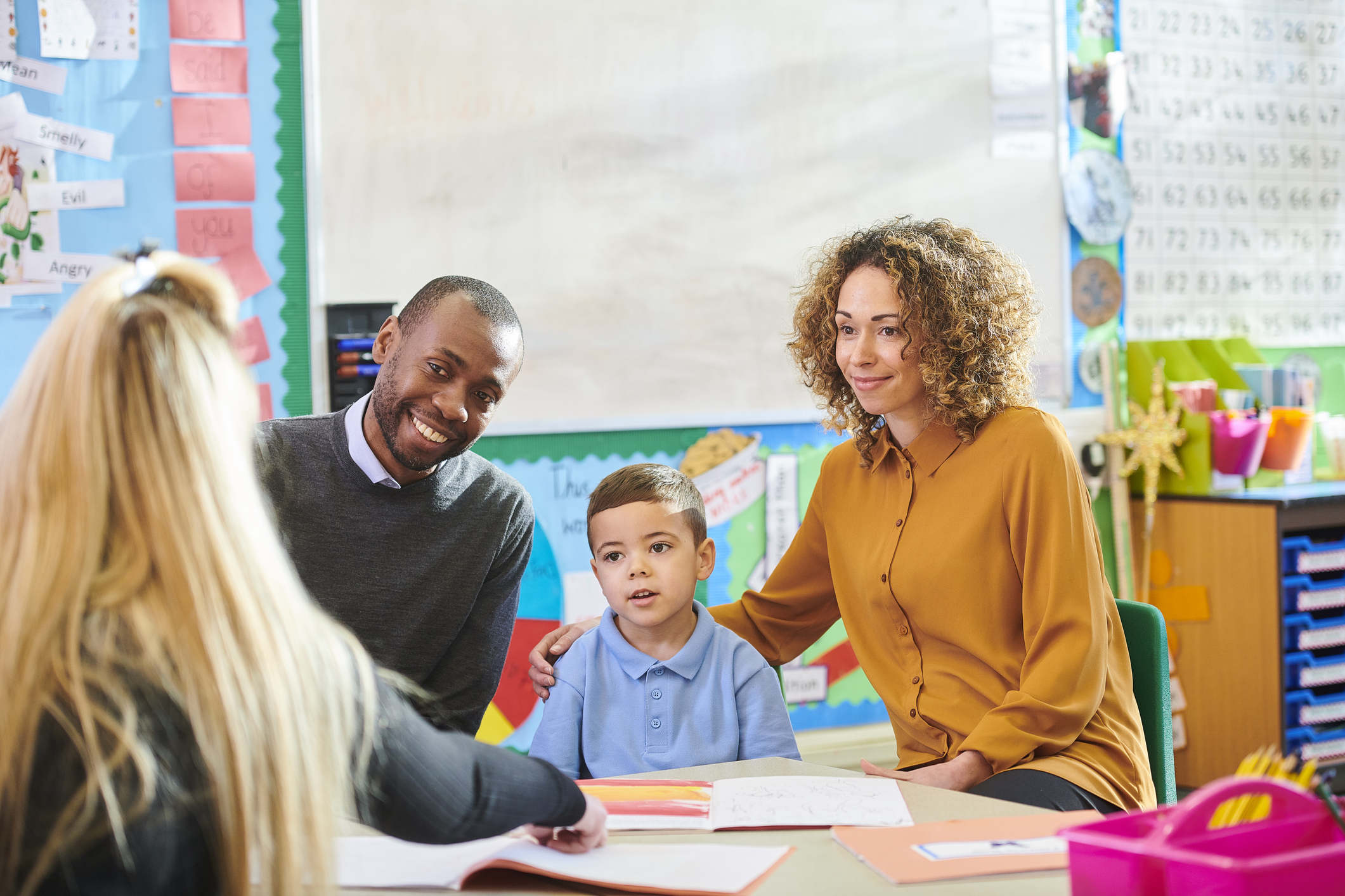 A young student is sitting at a table with his two parents, across is his teacher. They are in a classroom and the teacher is pointing at documents on the table.