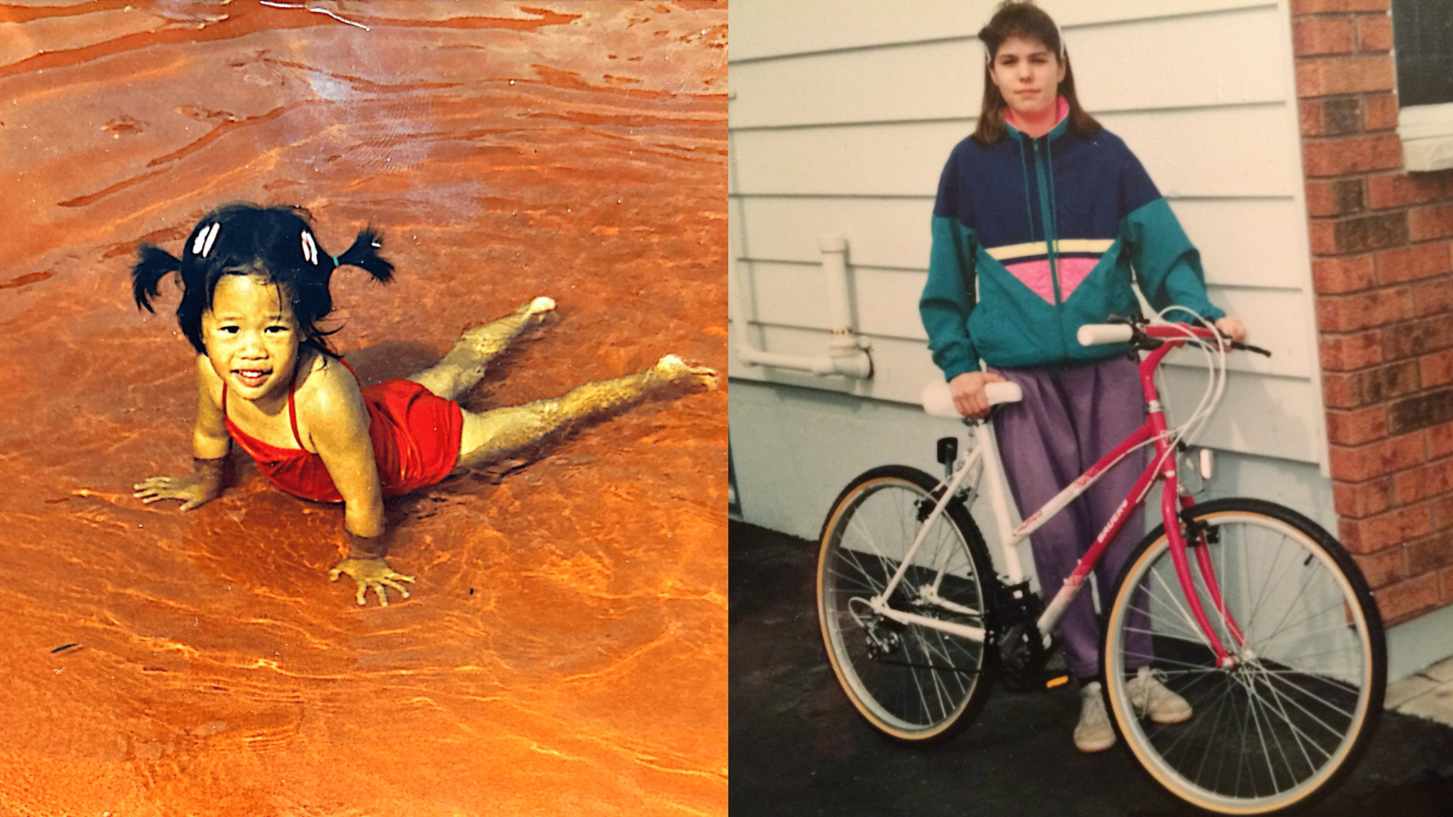 Des photos d'enfance d'Andrea et Tammy, les coanimatrices de « Gym Shorts ». On voit Andrea se prélasser dans l'eau à la plage et Tammy debout devant une maison, son vélo à la main.