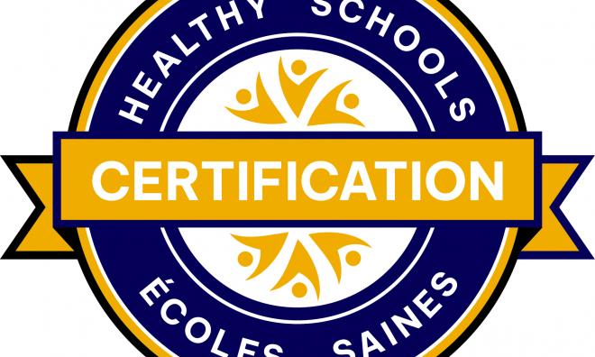 The Healthy Schools Certification Logo: a blue and gold circular emblem bearing the words "Healthy Schools Certification" in both English and French.
