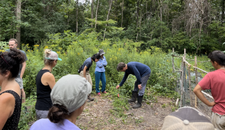 Picture of a group of people gathered in a forest. The person in the middle is wearing dark casual clothes and is bent over, touching a plant that is in the ground.  